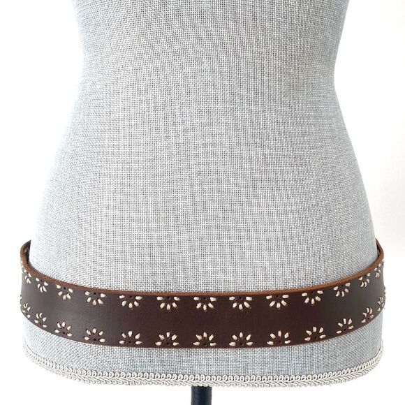 Brown Leather Floral Embroidered Silver Buckle Belt 32” W Boho Western Cottage main image 6
